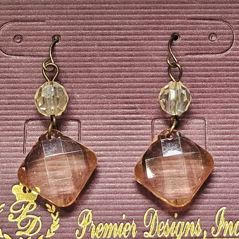 Premier Designs Blush Faceted Crystals Drop Earrings Rubbed Bronze Pierced NEW